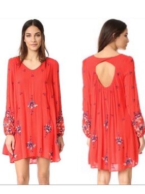Free People Austin Hot coral orange red mini dress embroidered boho style size s